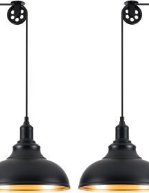 Black Pendant Light Hanging Lamps for Living Room Plug in 15FT Dimmable Switch Adjustable Pulley Hanging Lights with Cord for Kitchen Bedroom 2 Pack