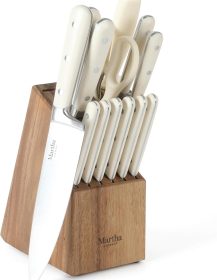 MARTHA STEWART Eastwalk 14 Piece High Carbon Stainless Steel Cutlery Kitchen Knife Block Set w/ABS Triple Riveted Forged Handle Acacia Wood Block - Linen White