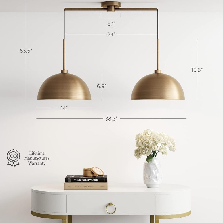 Nathan James Percy Modern 2-Light Pendant Island Light Fixture, Brass Hanging Lights with Gold Metal Shade and Adjustable Cord, for Kitchen, Living Room, Vintage Brass - Image 3