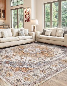 Washable Area Rug 8x10, Large Soft Rugs for Living Room Stain Resistant Non-Slip Backing Rugs for Bedroom, Vintage Clearance Large Area Rug (Turmeric/Grey,8'x10')