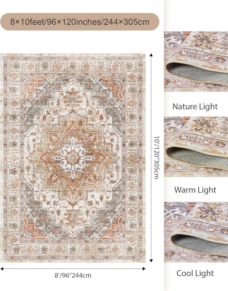 Washable Area Rug 8x10, Large Soft Rugs for Living Room Stain Resistant Non-Slip Backing Rugs for Bedroom, Vintage Clearance Large Area Rug (Turmeric/Grey,8'x10') - Image 2